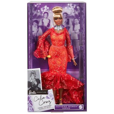 Imagem de Boneca Barbie Signature Celia Cruz Inspiring Women Mattel colecionador vestido vermelho rendado microfone dourado articulada 2023