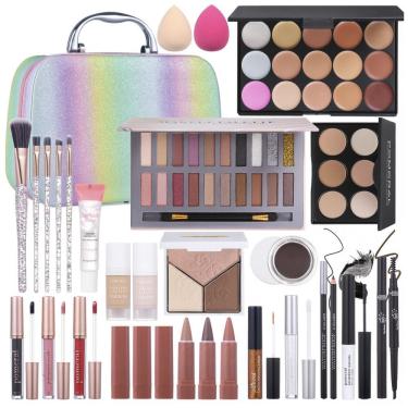 Imagem de Kit Completo de Maquiagem Pomcral Paleta 20 Cores para Iniciantes Estojo Arco-Íris com Pincéis e Base