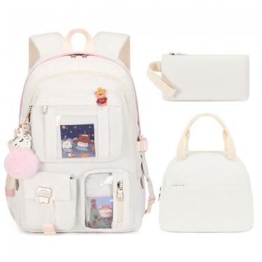 Imagem de Mochila LXYGD 3 em 1 off-white para notebook até 16", com lancheira e estojo, impermeável