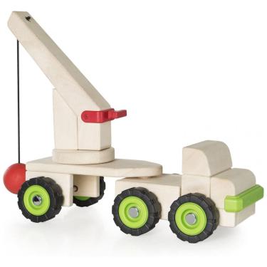 Imagem de Caminhão Demolidor Block Science Guidecraft em madeira com guindaste e bola de demolição para aprendizado de pêndulos