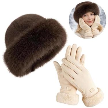 Imagem de Kit Inverno Feminino Gorro Térmico e Luvas Touchscreen com Pelinho (1 