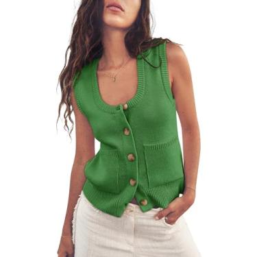 Imagem de Suéter feminino colete de verão com nervuras regatas sem mangas camisas de botão gola redonda para mulheres, Verde, XXG