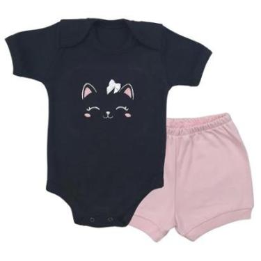Imagem de Conjunto Body Manga Curta Bordado Gatinha e Short Tapa Fralda - Roupa Bebê Menina-Feminino