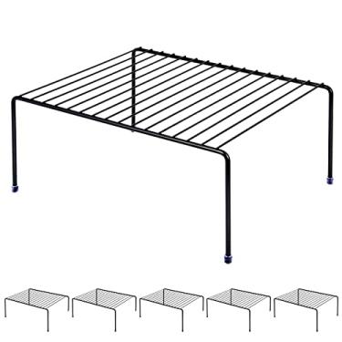 Imagem de Prateleira de armazenamento para armário de cozinha/pés de plástico - (33 x 26 cm) - Metal de aço - Acabamento resistente à ferrugem - Organização de copos, pratos, armário e despensa (6, preto)