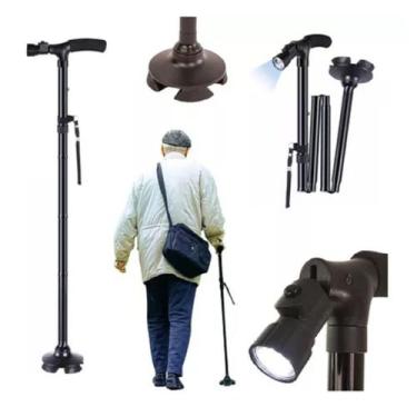Imagem de Bengala Ajustável Led 4 Ponteiras Dobrável Cor Preto - Supermedy