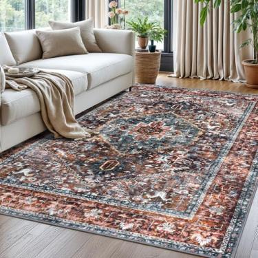 Imagem de KOZYFLY Boho Tapete de área 1,5 x 1,8 m para sala de estar, lavável, tapete antiderrapante, estampado, lã sintética, vintage, para quarto, para sala de jantar, sala de estar, vermelho tijolo/laranja