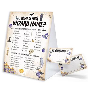 Imagem de What's Your Wizard Name Game Sign com etiqueta de nome adesivos para chá de bebê, decorações de chá de bebê, jogo de festa de aniversário, jogos de chá de bebê divertidos para adultos e crianças