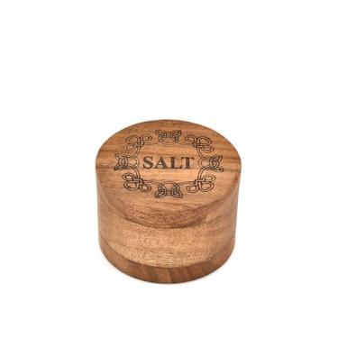 Imagem de Hanol Spice Celler Caixa de sal redonda de madeira de acácia com tampa magnética – Recipiente de adega de especiarias feito à mão para ervas e temperos (8,9 cm x 9 cm x 6,3 cm)