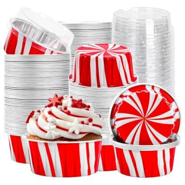 Imagem de FYSUIMU 60 peças de forros de cupcake de Natal com tampas, copos de cozimento de folha de alumínio, vermelho, branco, envoltórios de muffin de doces de Natal, suportes de cupcake para suprimentos de