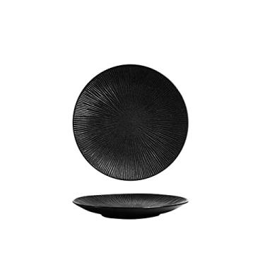 Imagem de Prato de serviço pratos de jantar de cerâmica pratos de jantar redondos pretos foscos criativos com borda dourada pratos de servir para salada de bife, macarrão e sobremesa, pratos de estilo japonês