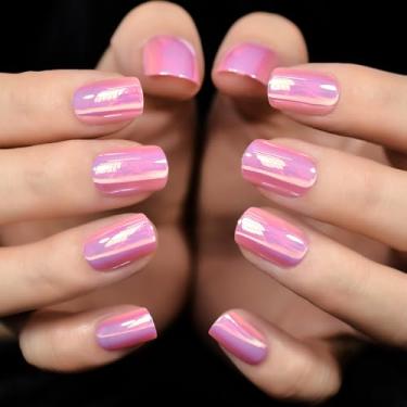 Imagem de Unhas postiças squoval de comprimento médio pregos postiços rosa metálico capa completa kit 24 peças/conjunto