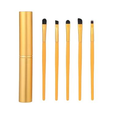 Imagem de Conjunto de pincéis de maquiagem de 5 peças com estojo de alumínio - Pincéis macios e adequados para viagens de base e contorno para todos os dias e beleza em movimento (dourado)