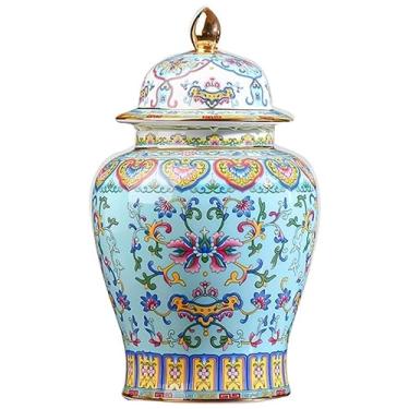 Imagem de ADAOQIN Jarra de gengibre, pote de gengibre, cerâmica chinesa, vasos florais com tampa, vaso de porcelana esmaltado dourado, potes de templo, jarras de armazenamento de chá, vasos decorativos para