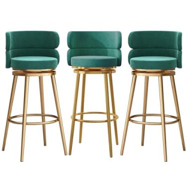 Imagem de Conjunto de 3 bancos de bar estofados, cadeiras giratórias para café da manhã com 65 cm de altura, bancos de cozinha com encosto alto, apoio para os pés de metal preto, verde