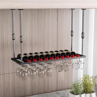 Imagem de Rack de teto para copos de vinho, rack de vinho suspenso com suporte de vidro, suporte de garrafa de vinho de metal de camada única, rack de exibição de armazenamento de vinho, para bar, cozinha (cor