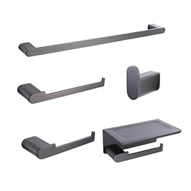 Imagem de Acessórios de banheiro Anel de toalha de luxo de aço inoxidável Rack Bar Suporte de papel higiênico Prateleira Conjunto de ferragens Robe Hook Gun Grey, 5 pcs Set
