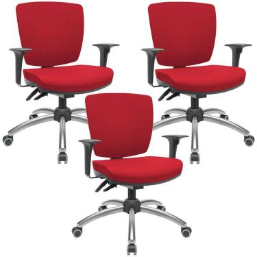 Imagem de Kit 03 Cadeiras de Escritório Executiva Giratória Cromada Baixa Flexi P03 Poliéster Vermelho - Lyam