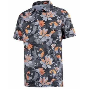 Imagem de APTRO Camisa polo masculina havaiana de golfe com absorção de umidade, 4 direções, estampa floral, ajuste seco, desempenho, #P73, flor cinza, 3X