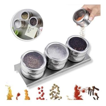 Imagem de Porta Tempero Condimento Magnético Inox 3Potes Imã Geladeira - Sweet H