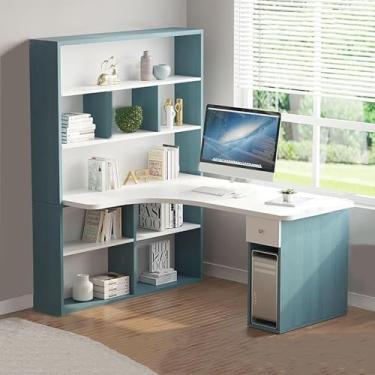Imagem de Mesa branca moderna em forma de L com cabana - Mesa de canto de madeira para computador com gavetas, prateleiras de armazenamento, mesa de escrita e estudo para escritório em casa, azul, 120 x 45 x