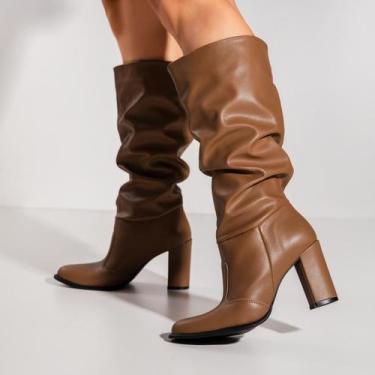 Imagem de Bota Feminina Emily Slouch Franzida Cano Médio Salto Grosso Bico Redon