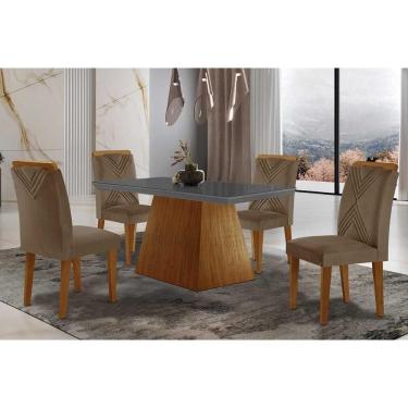 Imagem de Sala De Jantar Completa Luna Tampo Madeirado C- Vidro Reto 120x80 E 4 Cadeiras Amsterdã Imbuia - Veludo Capuccino - Rufato