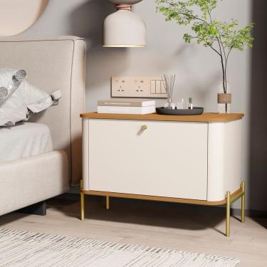 Imagem de Mesa De Cabeceira Curva Tucupí Com Pés E Puxador Em Metal Off White-nature-dourado