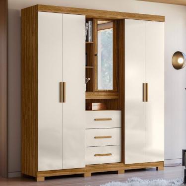 Imagem de Guarda-roupa Com Espelho 5 Portas 3 Gavetas 4 Nichos E Pés Freijó-off White