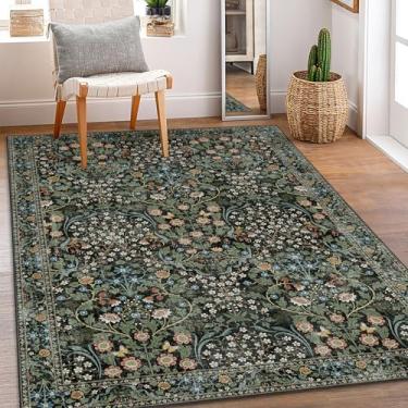 Imagem de MUJOO Tapete lavável 7,5 x 12,5 cm, floral, para quarto, escritório, entrada, sala de estar, cabeceira, pequeno, boho, antiderrapante, para uso interno, botânico, vintage, ultrafino, preto e verde