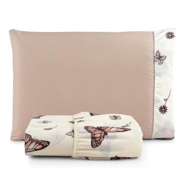 Imagem de Roupa de Cama Jogo Kit Solteiro 2 Peças - Lençol Percal 180 Fios 80% Algodão com Elástico Reforçado em Toda a Volta. (BORBOLETA MARROM)