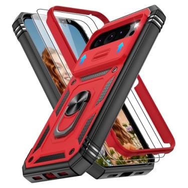 Imagem de Capa para Google Pixel 10 Pro XL com 2 películas protetoras de tela, suporte de anel giratório de 360°, capa protetora de nível militar para celular Google 10 Pro XL, vermelha