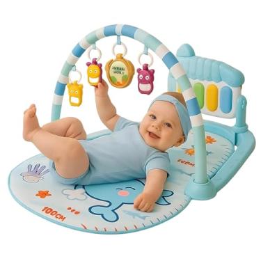 Imagem de Tapete de Atividades Musical com Piano Interativo, Azul, para Bebês a partir de 3 Meses, 70x43cm, com Arco e 5 Brinquedos Suspensos