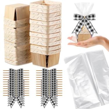 Imagem de Kigley Conjunto de 24 cestas de presente de madeira vazias pequenas cestas de presente com sacos de celofane kit de cesta para Páscoa, faça você mesmo, colheita de frutas, aniversário, casamento, laço