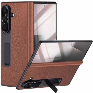 Imagem de YQODSZ Capa de couro para Samsung Galaxy Z Fold 7 com suporte, protetor de tela de vidro frontal embutido capa de dobradiça à prova de choque cobertura total capa de negócios para Z Fold 7 marrom