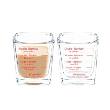Imagem de BCnmviku Copo de Shot, Copo Medidor de Vidro Pesado, 2 Unidades, 26 Medidas Incrementais, 28g, 6 Colheres de Chá, 2 Colheres de Sopa, 30ml (Copo Quadrado de Linha Vermelha)