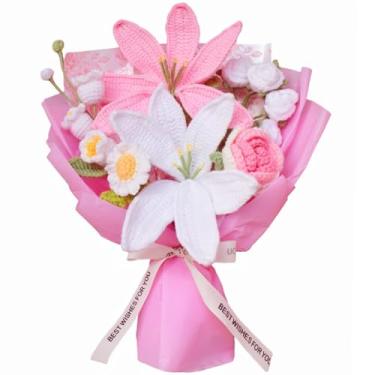 Imagem de Nikuoan Buquê de flores de crochê de lírios, buquê de flores de lírio rosa de tricô rosa, fio de crochê feito à mão, presente de flores artificiais para mulheres, namorada, colega de trabalho, dia das