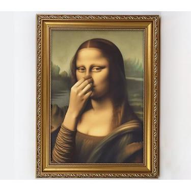 Imagem de Arte de parede de banheiro de luxo emoldurada a ouro Mona Lisa Pôster Estética Impressão em Tela Engraçada Decoração de Parede de Banheiro Pintura Mona Lisa para Banheiro Quarto Decoração de Casa 40,6