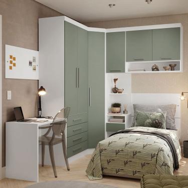 Imagem de Quarto de Canto Solteiro com Guarda Roupas Cabeceira e Escrivaninha Alpes Luciane Moveis