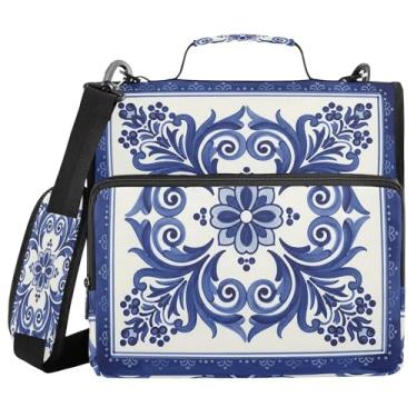Imagem de SEHANY Fichário de zíper azul e branco com alça de ombro, capacidade para 500 folhas, vários bolsos, fichário com 3 anéis com zíper de 3 cm