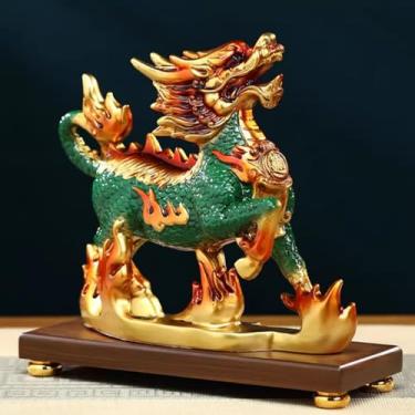 Imagem de FENNYYAR Enfeite de resina Lucky Fire Kylin colorido dourado com caixa de presente Feng Shui, 26 cm, decoração de armário de vinho para mesa de escritório