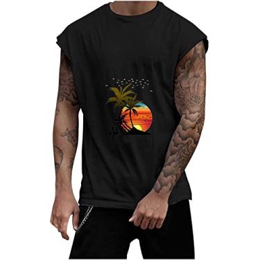 Imagem de Track Gym Coletes de praia masculinos verão outono gola redonda sol gráfico havaiano camiseta regata tropical masculina 2024, E-063 Preto, GG