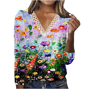 Imagem de Blusas femininas de renda com gola V e gola V, caimento solto, camisas longas de outono 2024, C-952 multicolorido, P