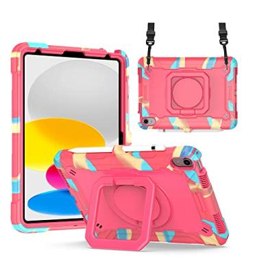 Imagem de Dteck Capa infantil para iPad 10ª geração 10 polegadas 2022, híbrida, resistente, à prova de choque, suporte giratório de 360°, capa protetora durável antiarranhões com alça de ombro, rosa/colorido