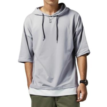 Imagem de Covisoty Camiseta masculina de manga curta com capuz de algodão macio com absorção de umidade, casual, patchwork, moletom com capuz unissex, Cinza claro, Small