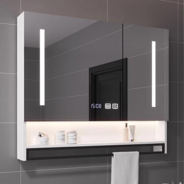 Imagem de Armário de parede de maquiagem para banheiro com luzes LED, 40 x 32 pol. Armário de remédios moderno para espelho de banheiro com desembaçamento, armário de interruptor de toque com pratelei