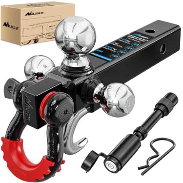 Imagem de Nilight Suporte de três esferas de engate de reboque com gancho e manilha rotativa antirroubo de 9,5 cm serve para bola receptora de 5 cm, tamanho de bola de 4,5 cm, 5,1 cm, 2-5/40.6 cm GTW de 2,268