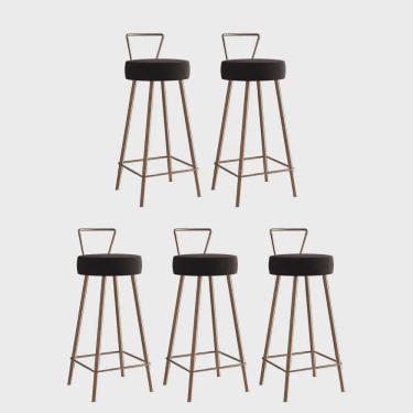 Imagem de Kit 05 Banqueta Alta Com Encosto Tais Eiffel Cozinha Bar Bistrô Ferro Bronze Corino Marrom - Ahz Móveis