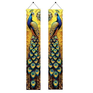 Imagem de Starlit Patio Banners de pavão para varanda 188 x 30 cm elegantes decorações de pavão dourado placas de porta penduradas para decoração de casa ao ar livre faixa de boas-vindas para varanda, pátio,