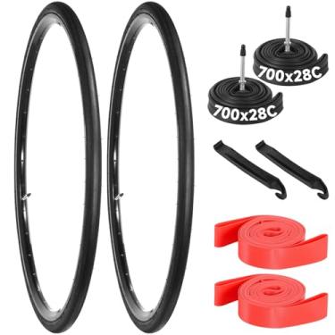Imagem de Fansport Pacote com 2 pneus de bicicleta de estrada 700 x 28C + tubos 700 x 25-28C válvula Presta 60 mm | Pneu de bicicleta dobrável 700c com alavancas/tiras | Resistente a explosão para viagens de