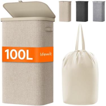 Imagem de Cesto de roupa suja Lifewit 100L com tampa e bolsa removível bege